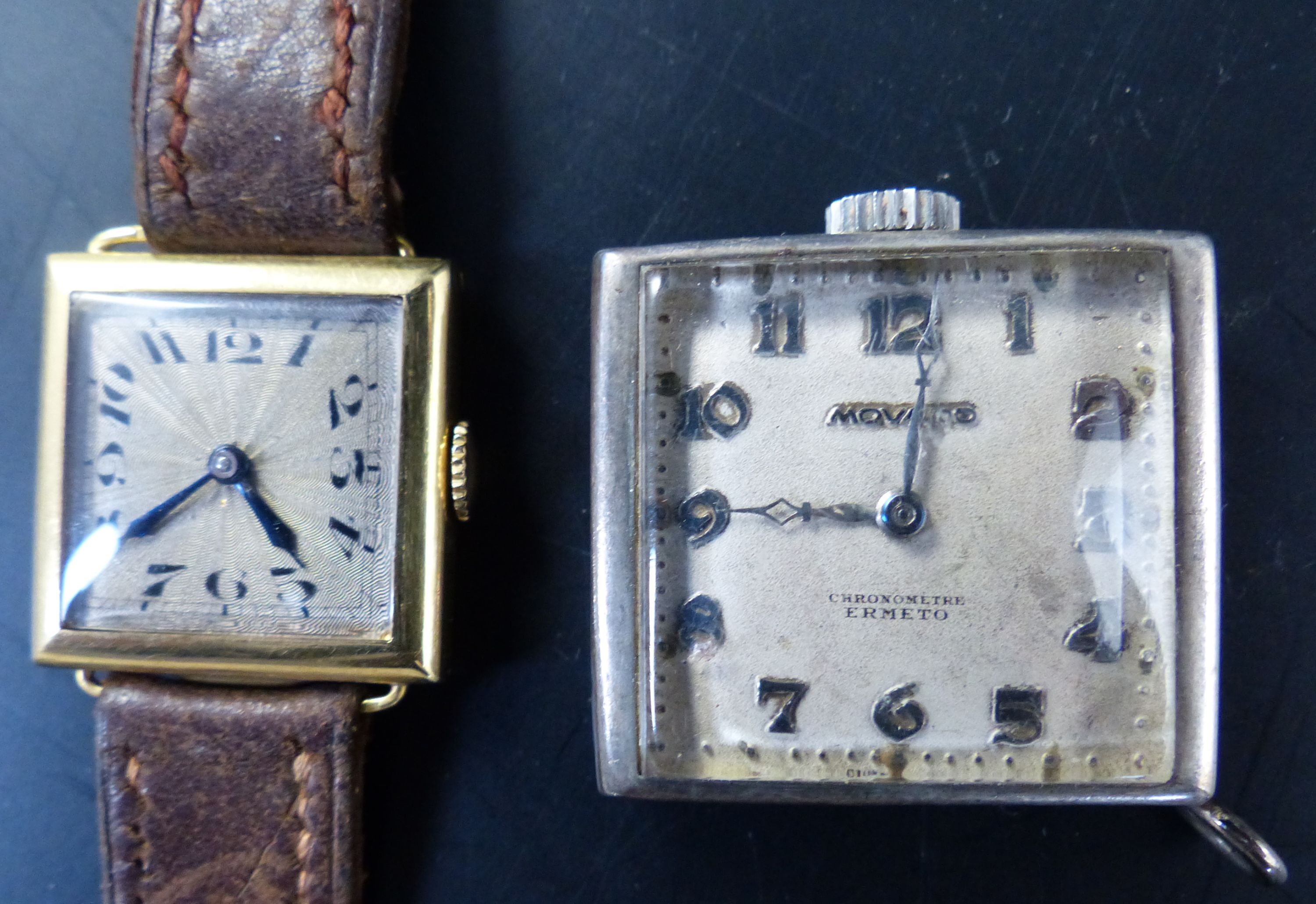 A ladys 1920s 18ct gold square dial wrist watch, 21mm, gross 14.8 grams and a Movado watch